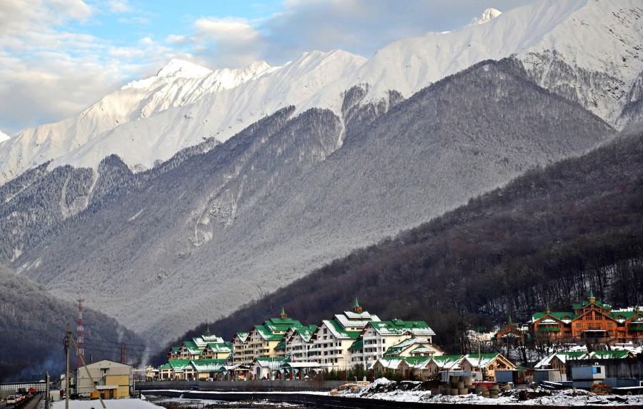 The Sochi Winter Olympics in February will include many events in the Laura biathlon and ski complex, which stands upslope from the green-roofed Grand Hotel Polyana. (Christopher Reynolds/Los Angeles Times/MCT)