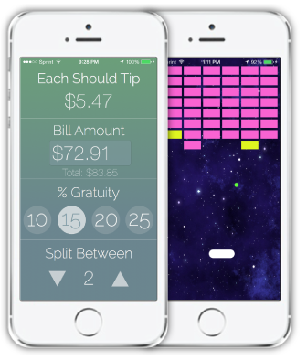 THERE’S AN APP FOR THAT: The tip calculator (left) has already been created by the class. Users can input a bill and it will calculate the tip. The game “Breakout” (right) has not been created yet, and when it is introduced as a project, it will be a complicated assignment for the class.