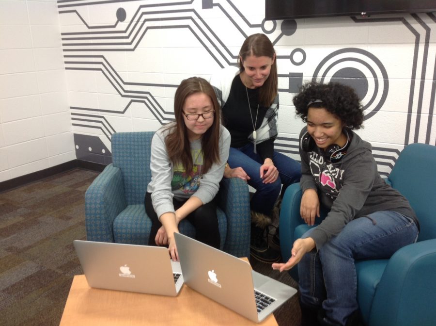 BYTE BY BYTE: Junior Misheel Damdinbazar, who helped bring coding for girls to Elk Grove, works online with sponsor Kristen Fisher and her friend junior Rhiannan Morrison in the Digital Maker Space.