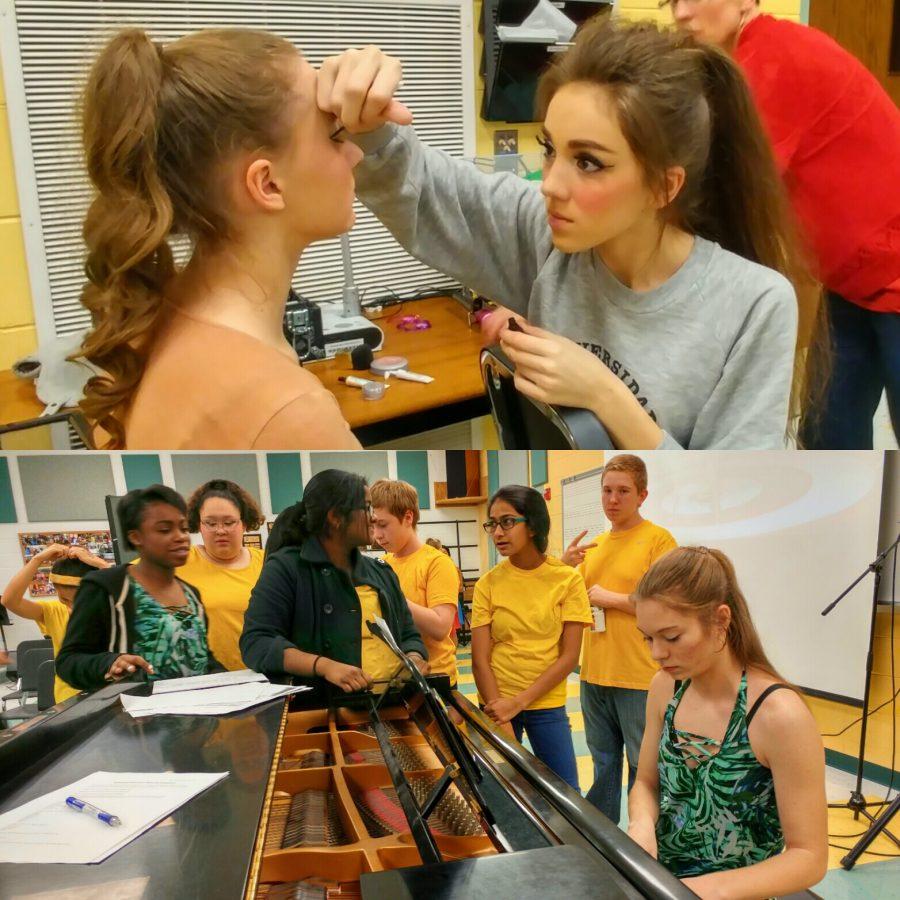 BACKSTAGE: While senior Alexa Williams and sophomore Allie Skiple perfected their makeup, students from both Friendship and Grove junior high schools rehearsed their parts just moments before going onstage.