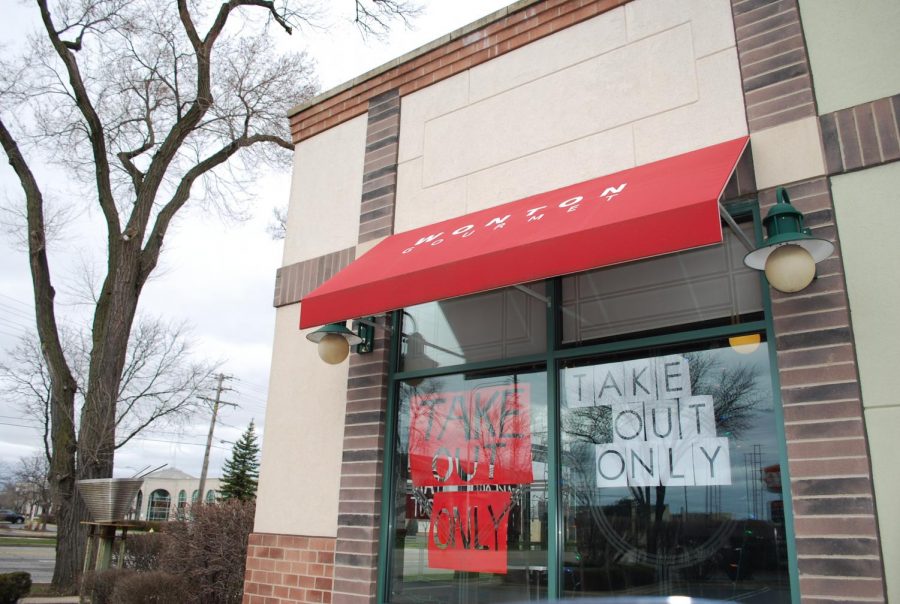 Wonton Gourmet, a Chinese restaurant on Elmhurst Road in Des Plaines, shows "Takeout Only" signs in its windows. Many restaurants were forced to switch to takeout-only after Illinois Gov. J.B. Pritzker ordered a shelter-in-place in Illinois. 